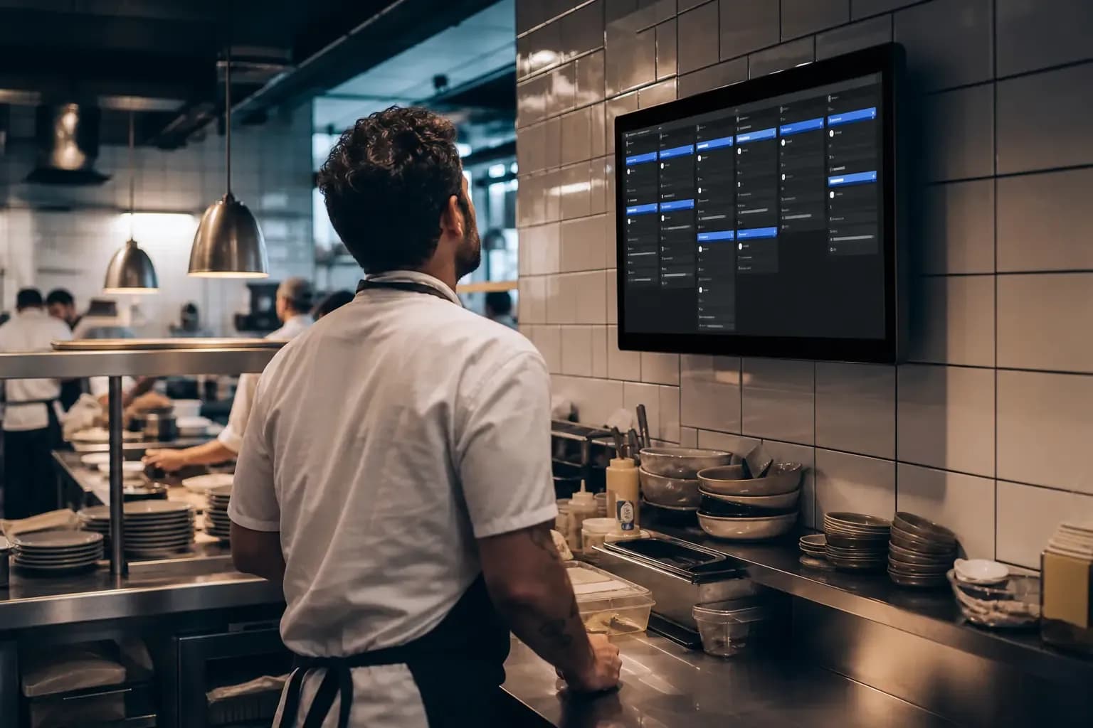 Cozinheiro acompanhando a fila de pedidos em uma tela na cozinha.